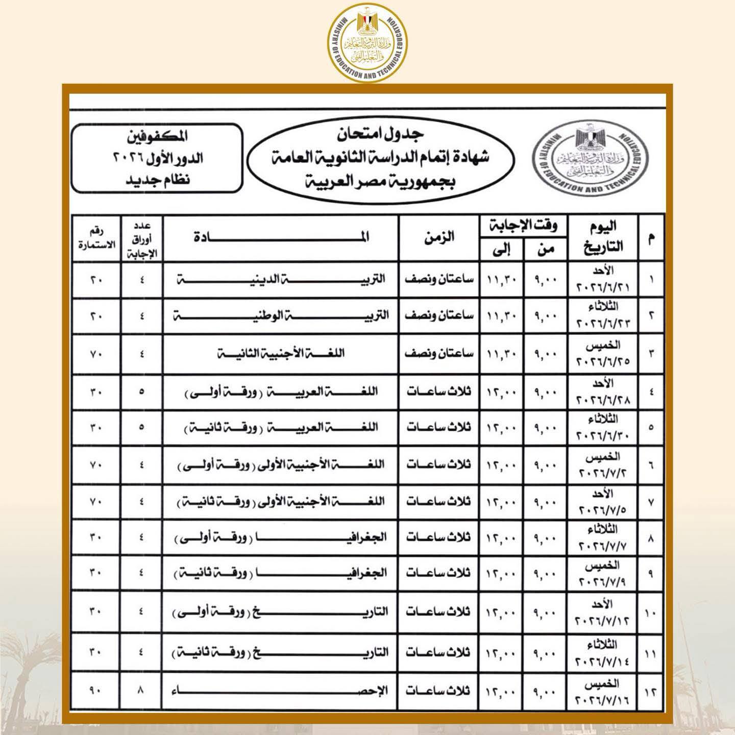 موعد امتحانات الثانوية العامة 2026 رسميًا، بعد اعت